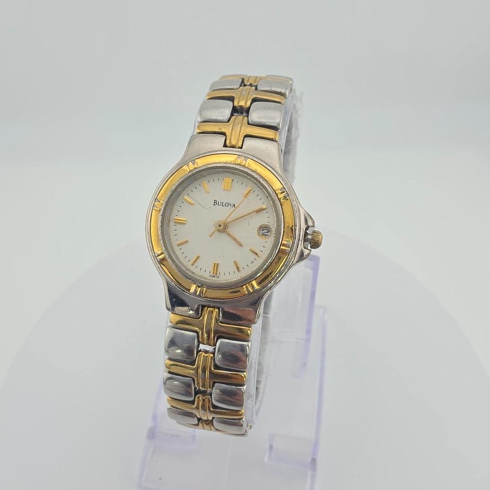 Vintage BULOVA Ladies Watch Two-Toned T Bar Link Bracelet Date Gold Plate 7.25"